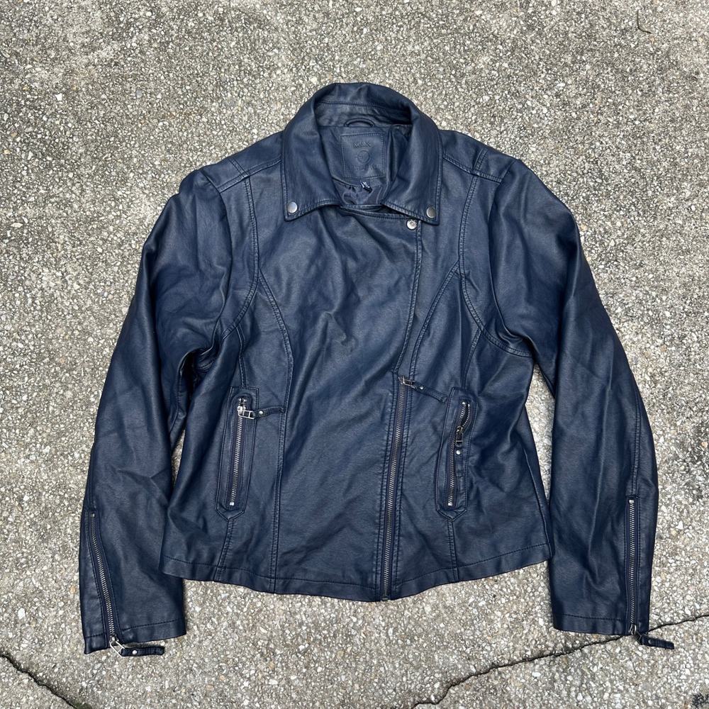 Max Studio Navy Blue Faux Leather Moto Jacket Womens XL Asymmetric Zip